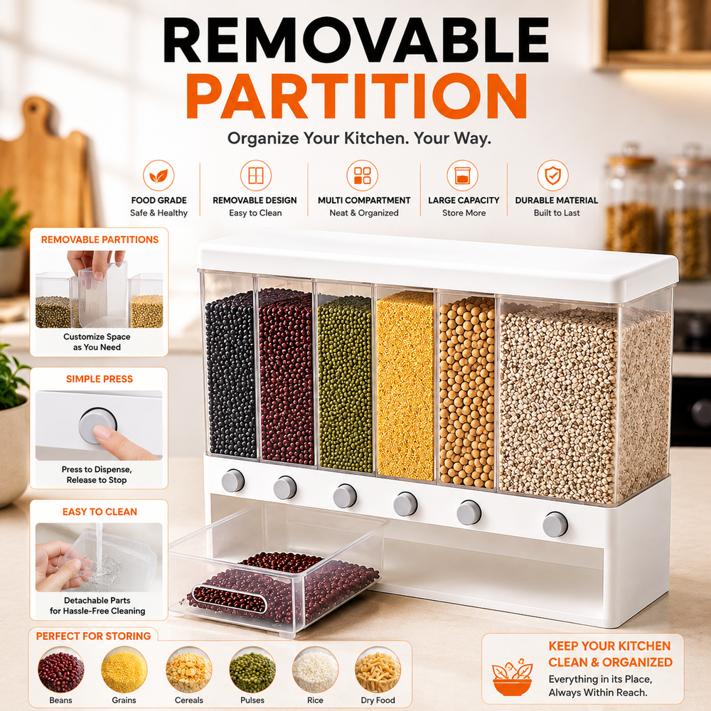 6-in-1 Wall-Mounted Dry Food Dispenser | 6-Grid Cereal, Rice & Grain Storage Container for Kitchen Organization