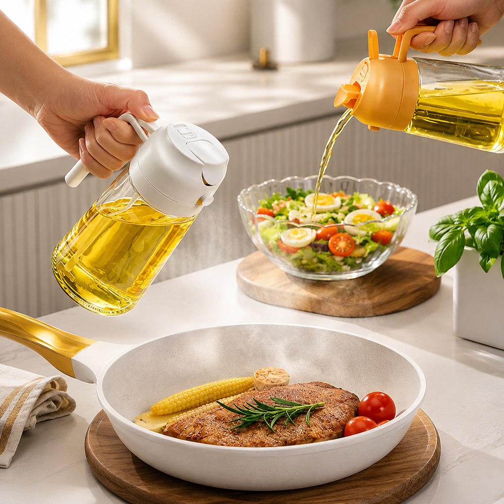 2-in-1 Oil Spray & Pour Glass Bottle – Leakproof Oil Dispenser for Cooking, BBQ & Air Fryer